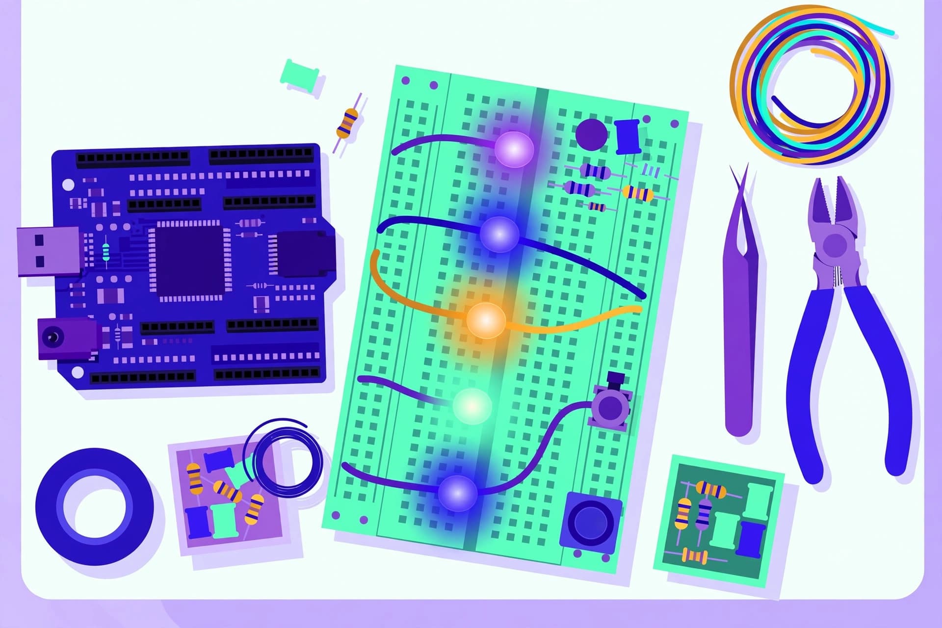 Original illustration: Arduino board, breadboard, LEDs and lab tools on a workbench