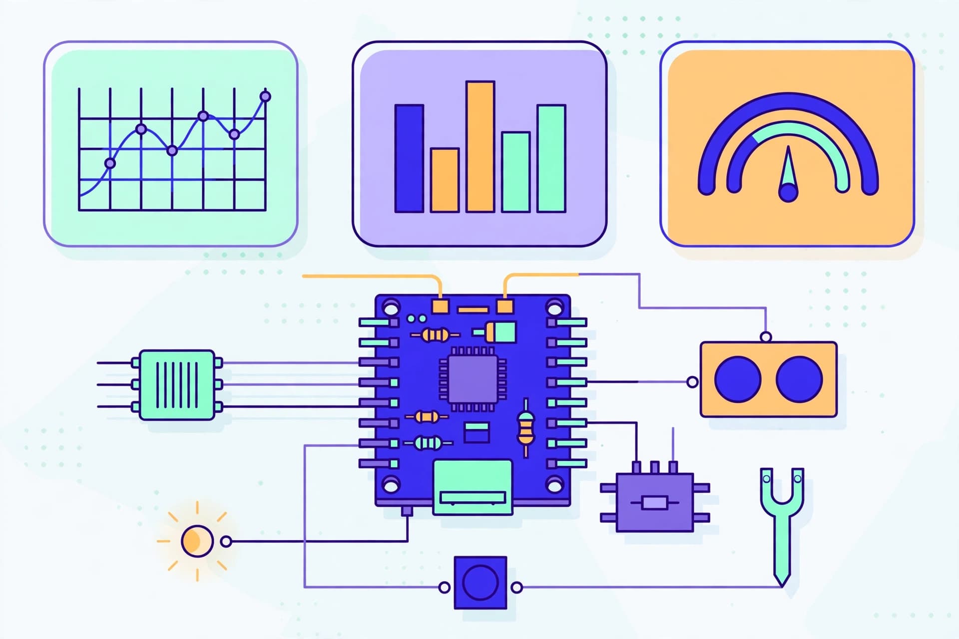 Original illustration: ESP32 board, sensor modules and abstract dashboard panels