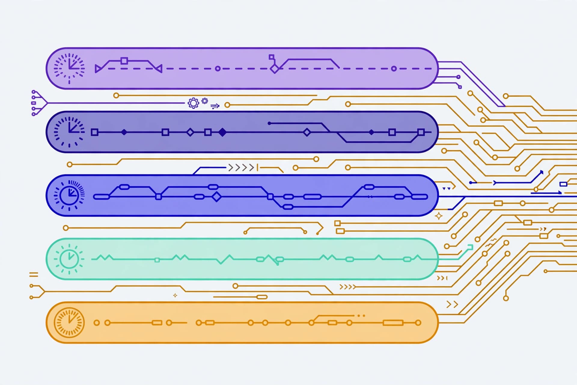 Original illustration: parallel task lanes, timers and PCB traces for multitasking