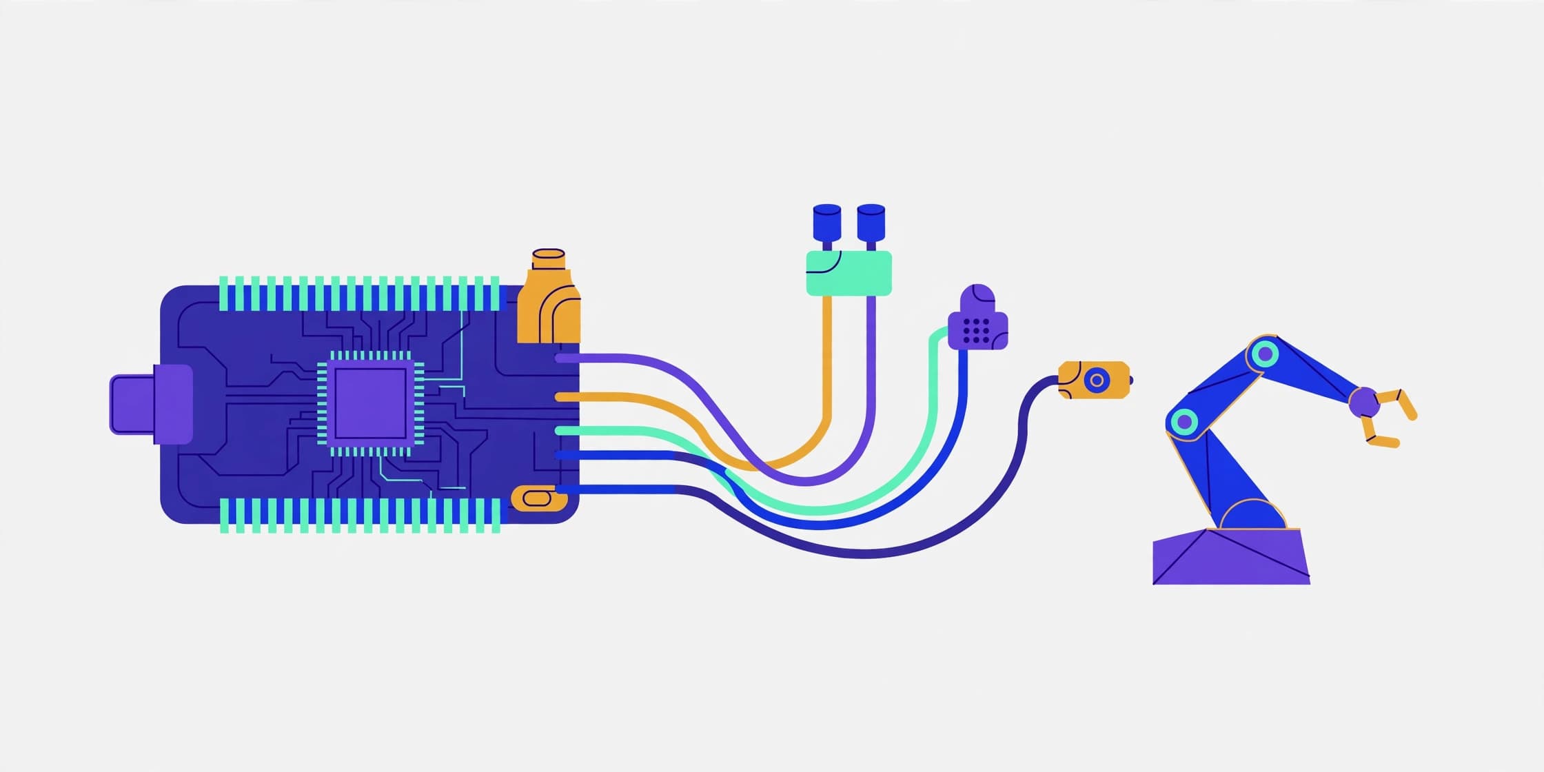 Original illustration: ESP32-style development board, sensors, wires and a robot-arm motif